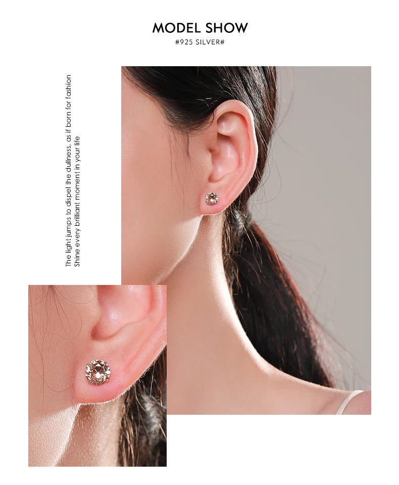 Modian Champagne Zirconia Stud Earrings 925 Sterling Silver Round CZ Hypoallergenic 4MM 5MM 6MM 7MM Earrings For Women Jewelry