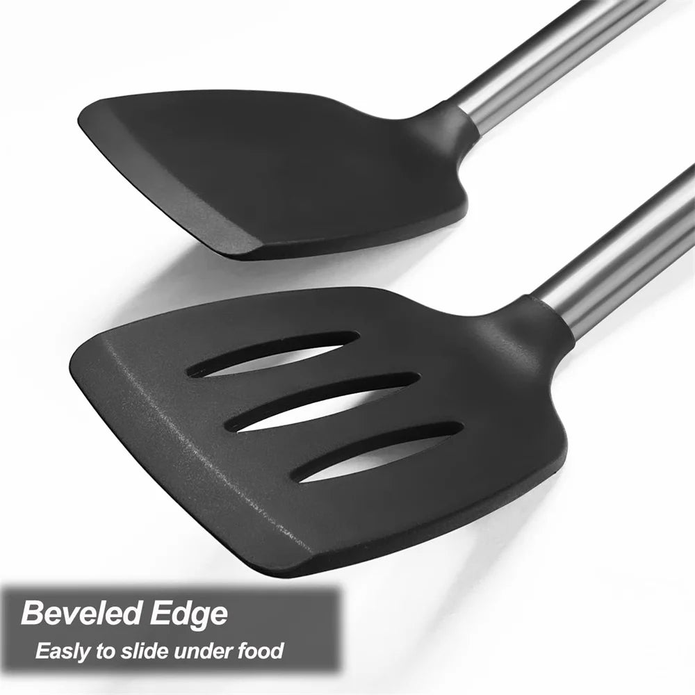 2 Pieces Silicone Spatula Kitchen Cooking Utensils Stainless Steel Tight Spatula Leaky Spatula Non-stick Cookware Kitchen Tools