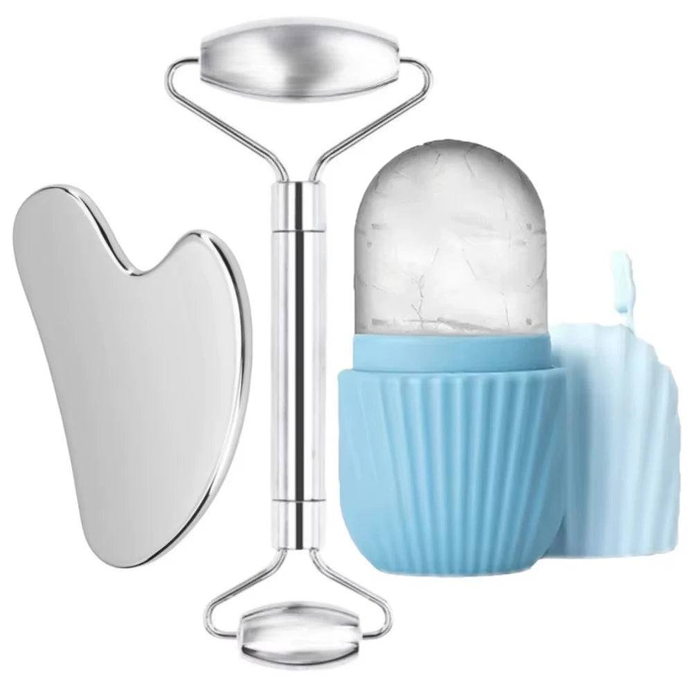 Ice Face Roller & Stainless Steel Gua Sha Tool Set, Facial Massager Ice Roller Skin Care Tool Beauty Set Beauty Skin Care Tools