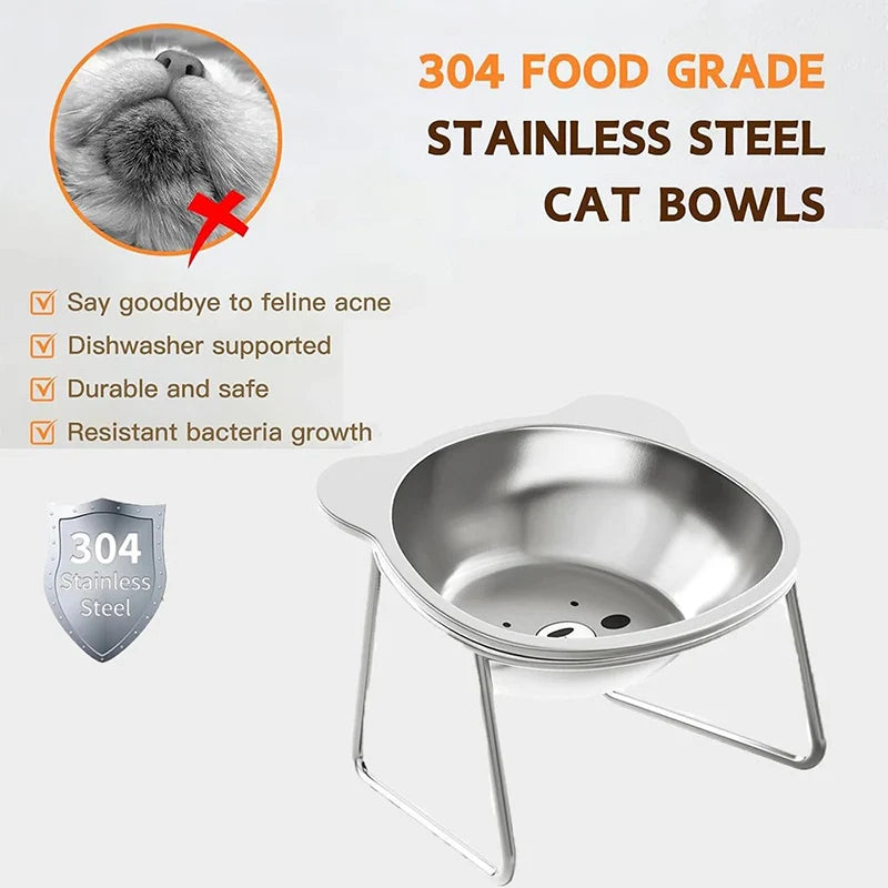 15 Degree Inclined Stainless Steel Cat Bowl Detachable Anti Overturning Elevated Cat Water Bowl Neck Protection Anti-flip