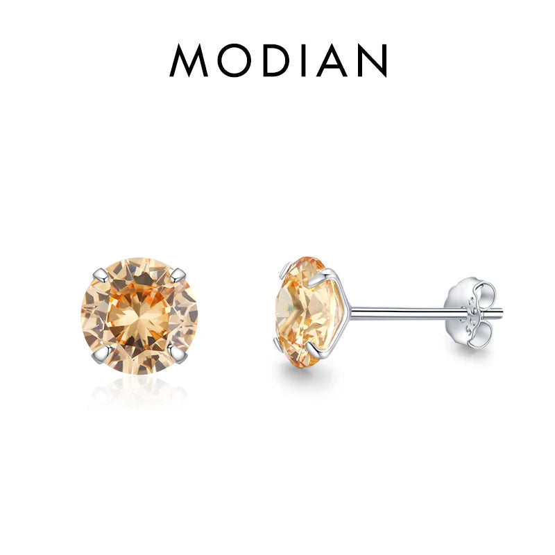 Modian Champagne Zirconia Stud Earrings 925 Sterling Silver Round CZ Hypoallergenic 4MM 5MM 6MM 7MM Earrings For Women Jewelry
