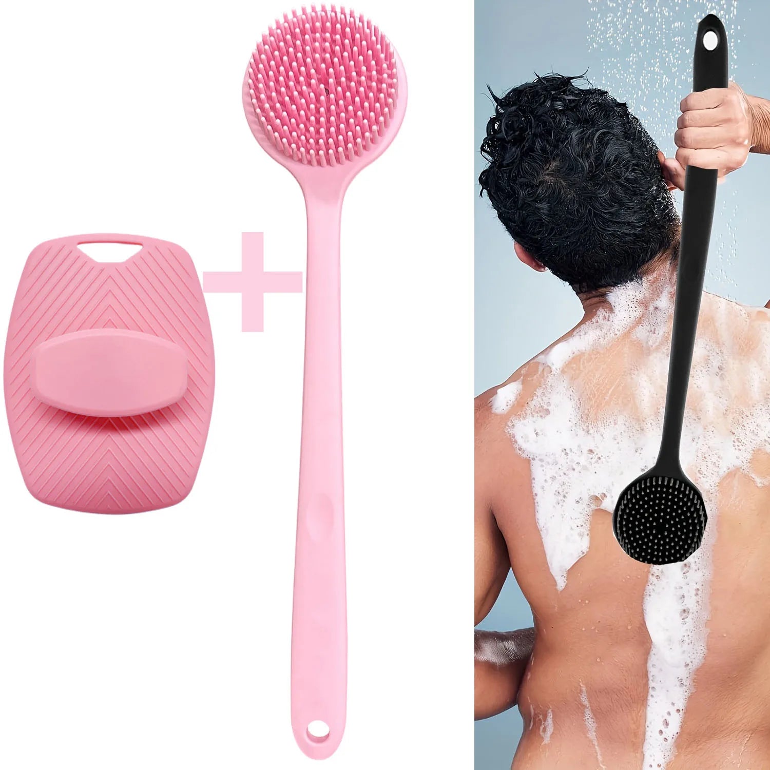 2Pcs Shower Back Scrubber Exfoliating Bath Brush Gentle Exfoliation Body Shower Silicone Shower Brush Long Handle Bath Brushes