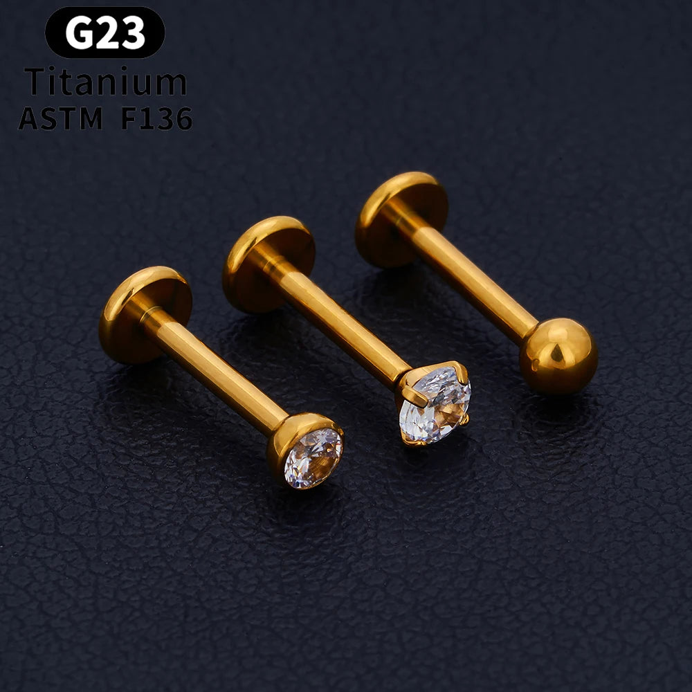 G23 Ttianium Piercing Labret Lip Stud Ring CZ 16G Internal Thread Stud Earring Ear Tragus Cartilage Helix Daith Jewelry