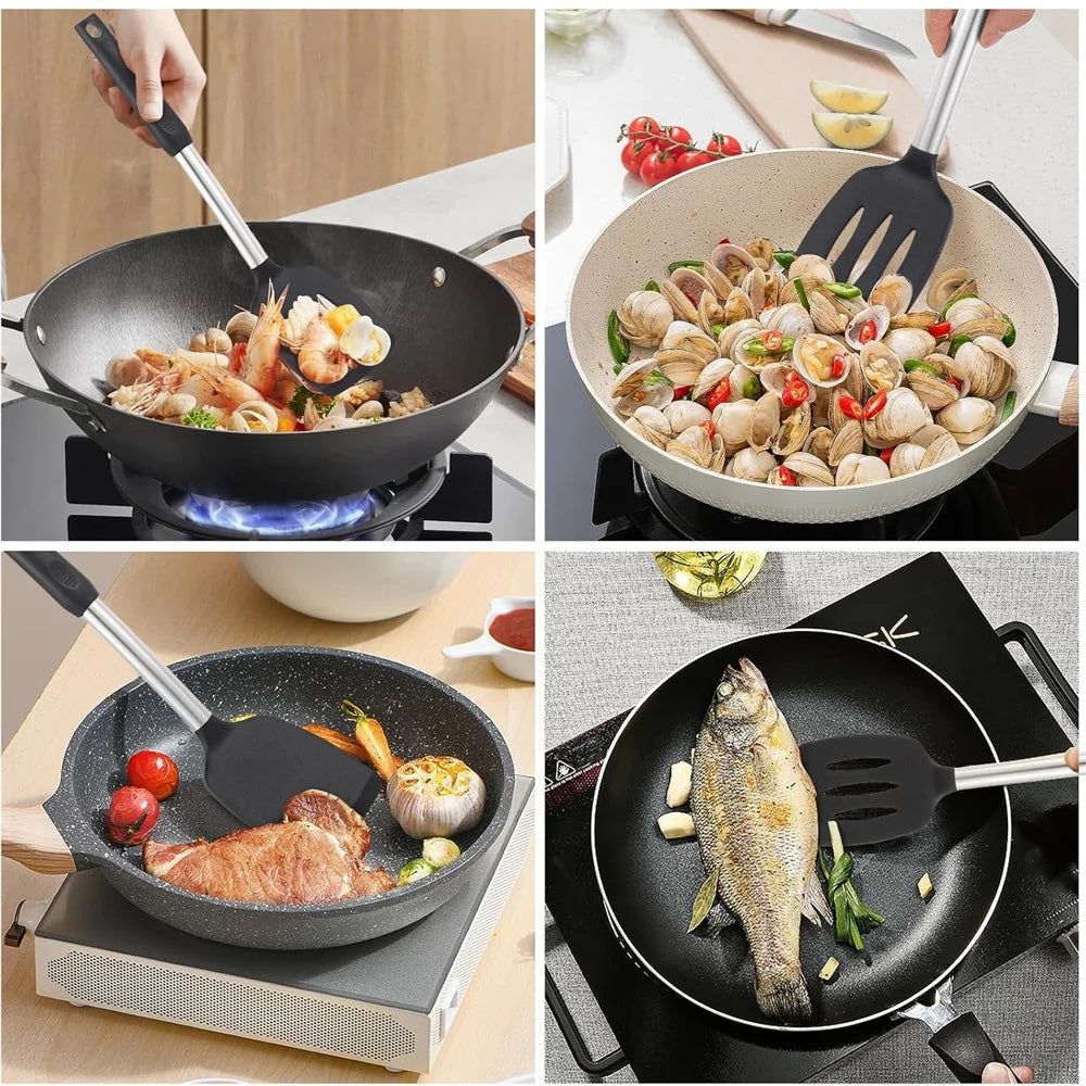 2 Pieces Silicone Spatula Kitchen Cooking Utensils Stainless Steel Tight Spatula Leaky Spatula Non-stick Cookware Kitchen Tools