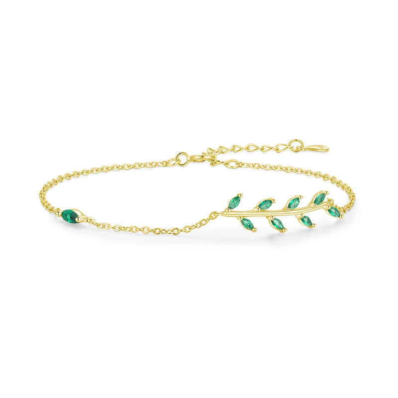 MODIAN 925 Sterling Silver Green Leaf Zirconia Adjustable Link Chain Bracelet For Women Fashion Wedding Jewelry Accessories