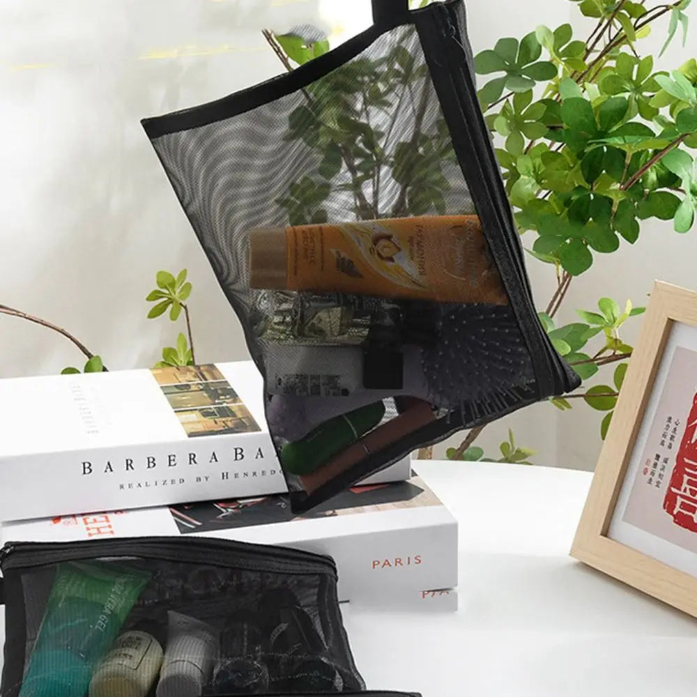 Fashion Large Capacity Mesh Cosmetic Bag Square Bag Zipper Bag Makeup Bag Pencil Cases Wash Pouch Cosmetic Cases Ladies