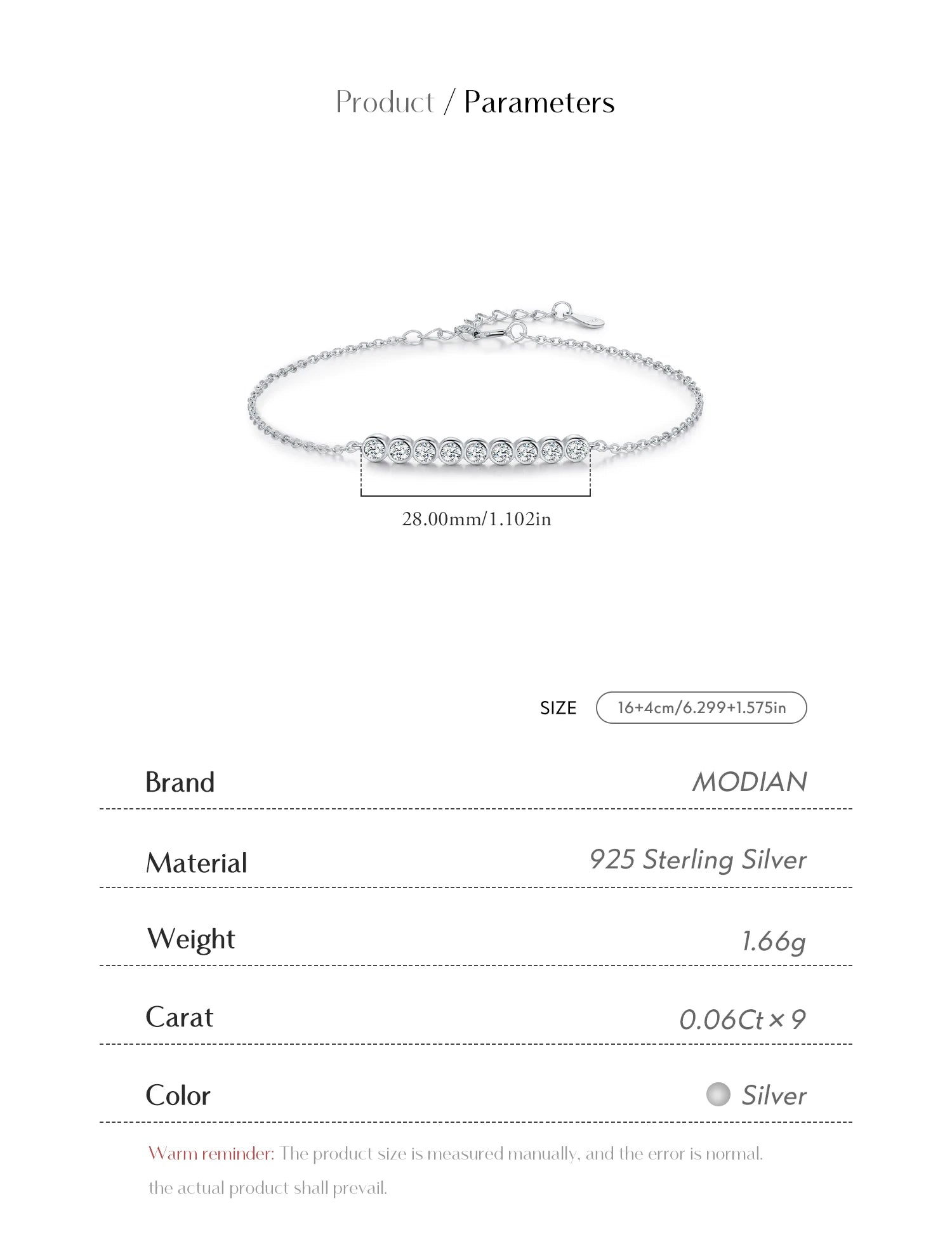 MODIAN D Color Moissanite 925 Sterling Silver Simple Bracelet Round Lab Diamond Chain Link Jewelry For Women Luxury Wedding Gift