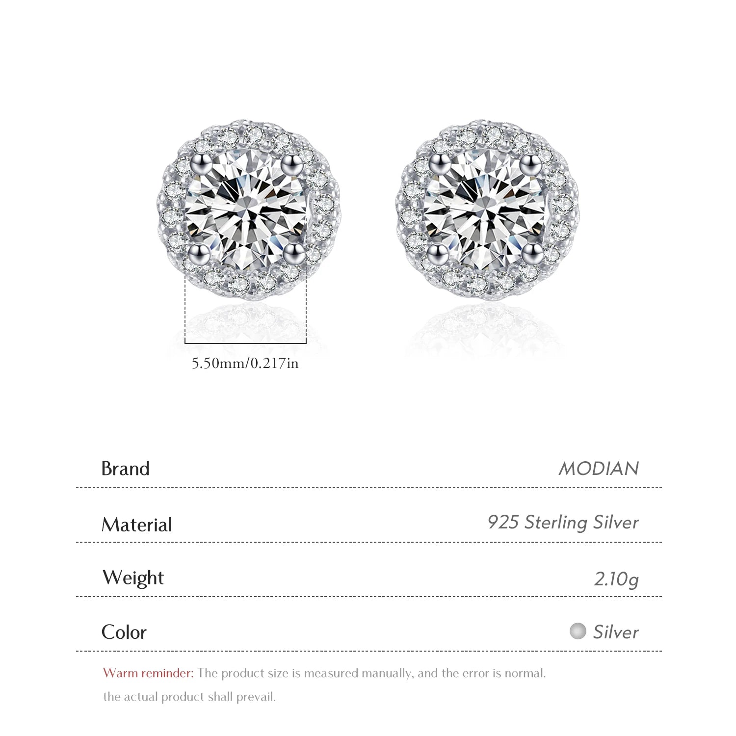 Modian Real 925 Sterling Silver Luxury Simple Cubic Zirconia Stud Earrings for Women Round CZ Wedding Statement Jewelry Gifts
