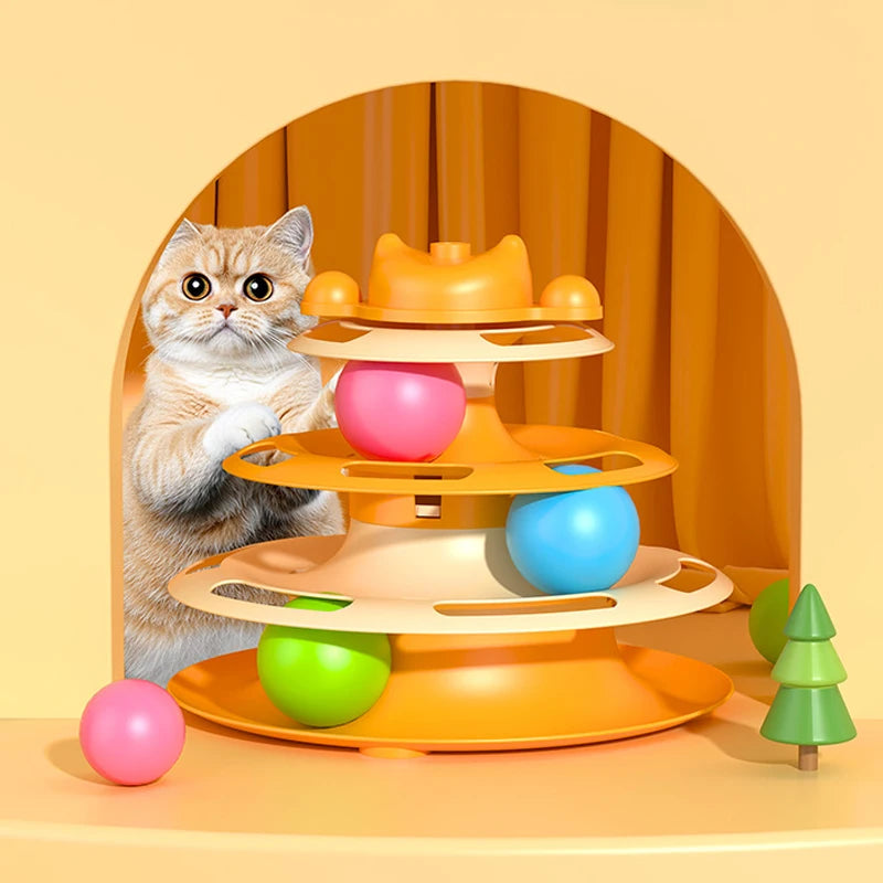 4-Layers Feather Cat Turntable with Fun Toy Ball and Playing Stick Interactive Cat Toy Tower Kitten Turntable Track Roller Balls