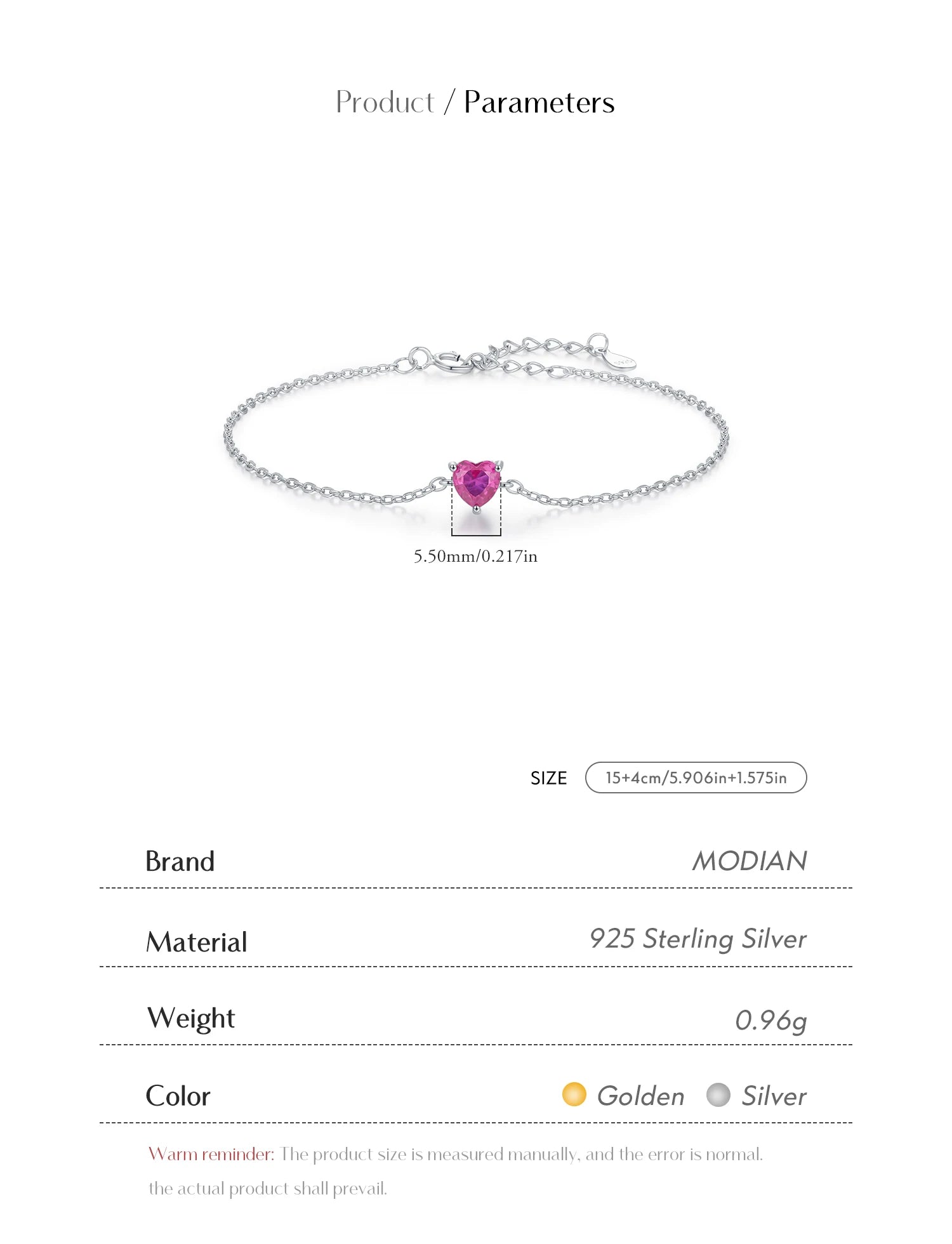 MODIAN 925 Sterling Silver Romantic Rose Red Zirconia Heart  Bracelet Elegant Simple Link Chain For Women Fine Jewelry Gifts