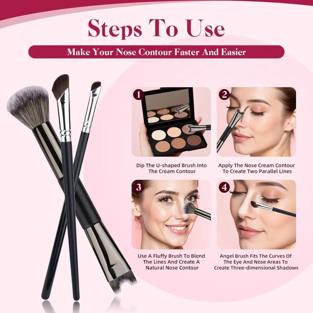 3pcs Makeup Brush Set 2 in 1 U-Shaped Cosmetic Brush Dual Ends Nose Contouring Mini Tilt Nose Shadow Brushes Cosmetics Tools