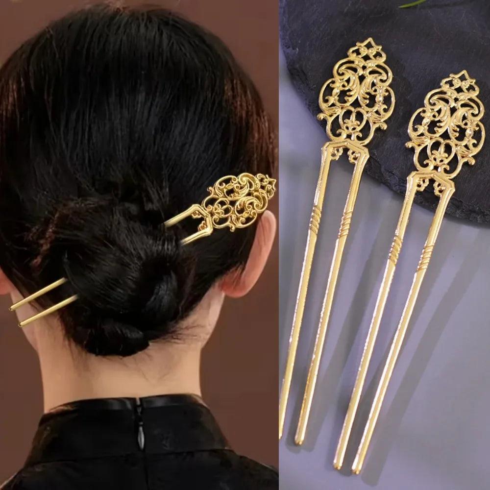 Chinese Ancient Style Straight Hairpin Twist Hairpins Versatile Electroplating U-shape Hairpin Creative Hollow Hair Accessories