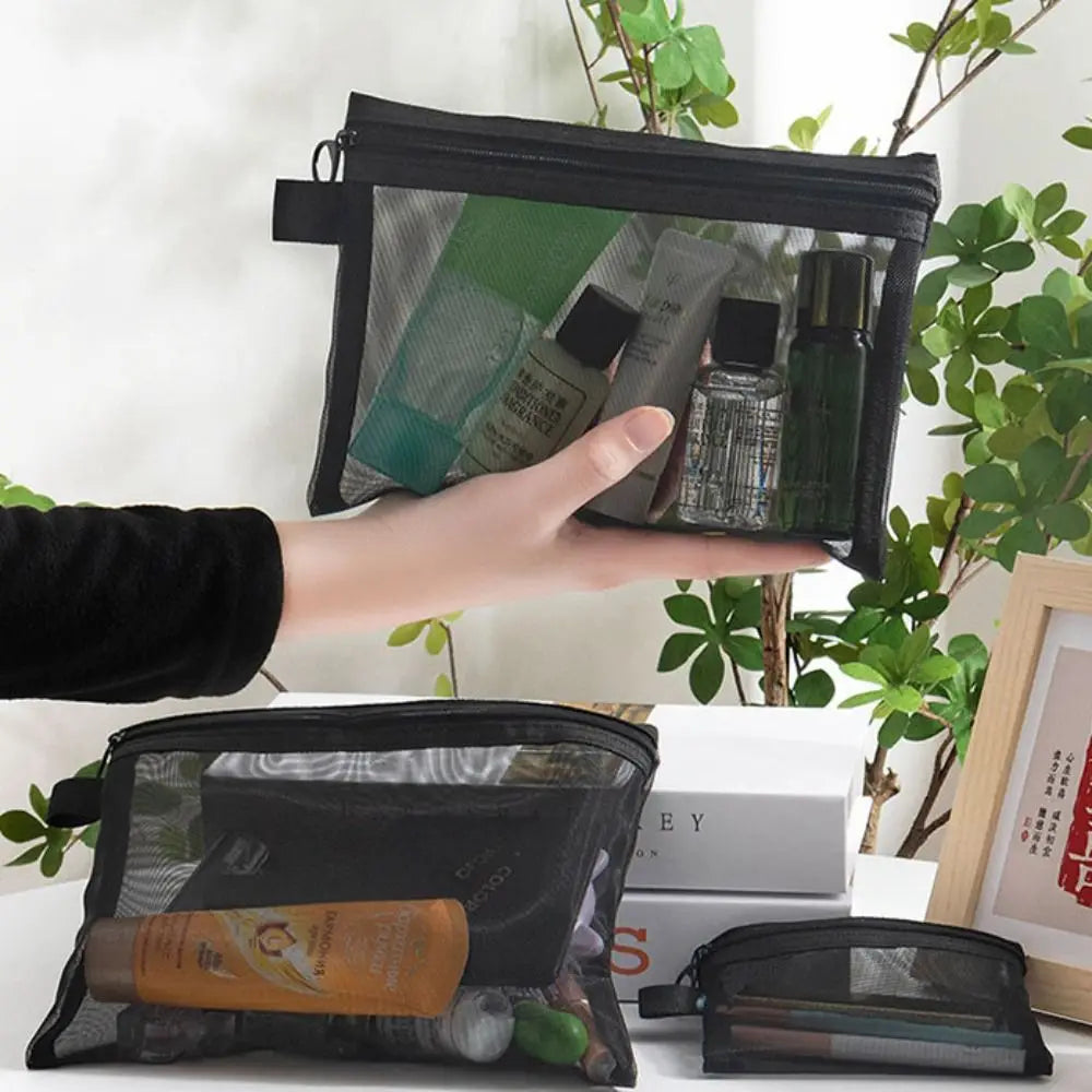 Fashion Large Capacity Mesh Cosmetic Bag Square Bag Zipper Bag Makeup Bag Pencil Cases Wash Pouch Cosmetic Cases Ladies