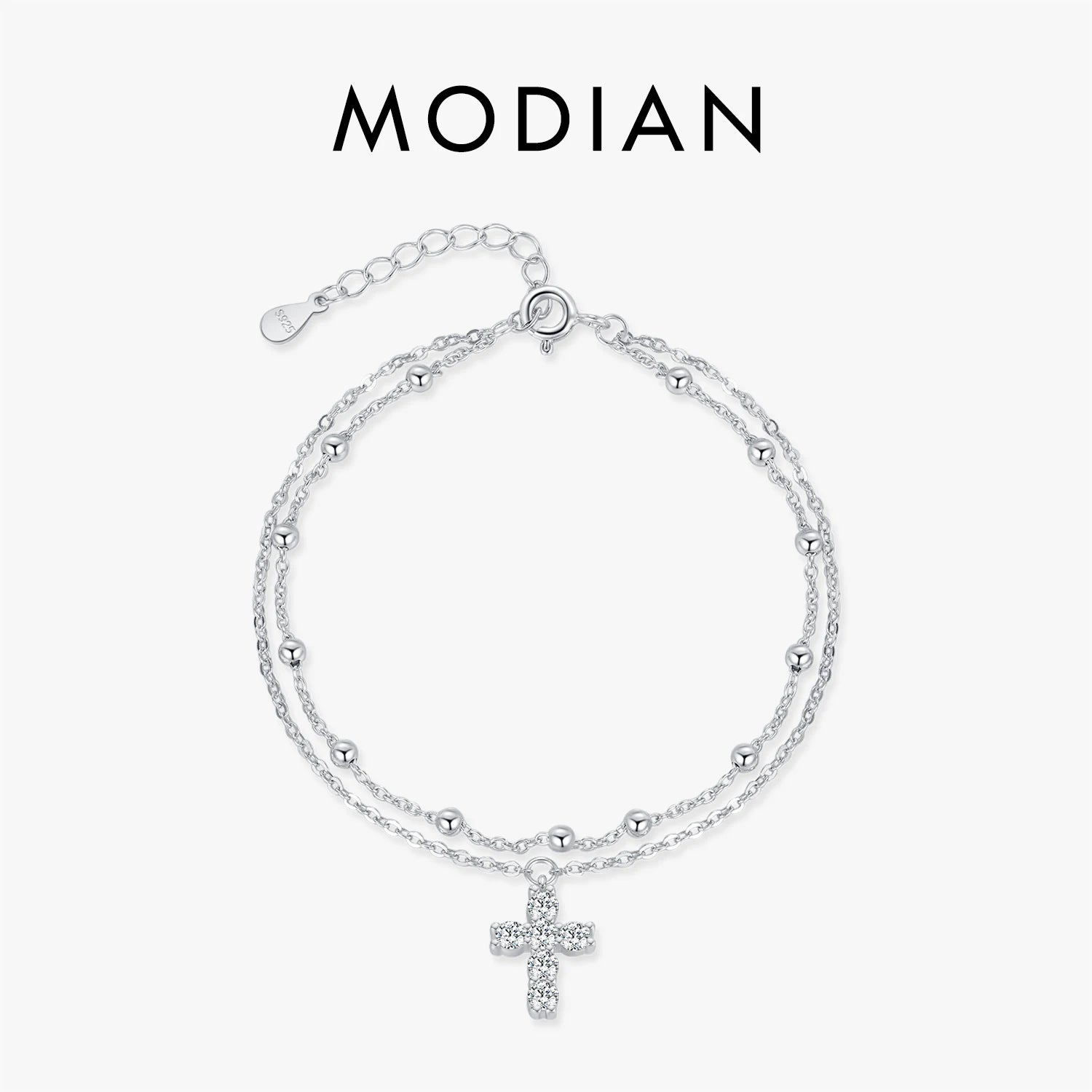 MODIAN Exquisite Cross CZ Bracelet 925 Sterling Silver Stackable Double Layer Link Chain Beads Bracelets For Women Fine Jewelry