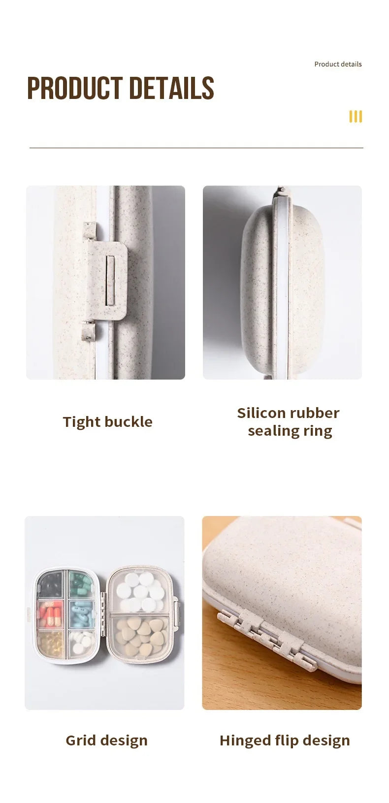 8 Grids  Pill Box With Seal Ring For Organizer Small Wheat Tablets Container Box For Tablets Straw Container For MedicinesTravel