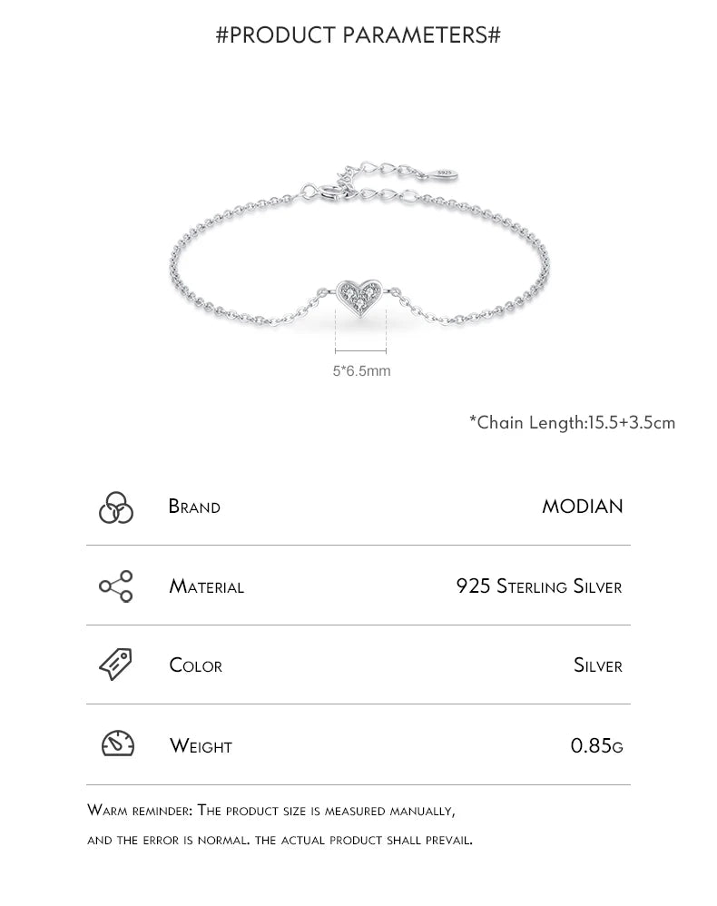 Modian Real 925 sterling silver Heart CZ Bracelet Fashion Crystal Wedding Lady Classic  Romantic Jewelry