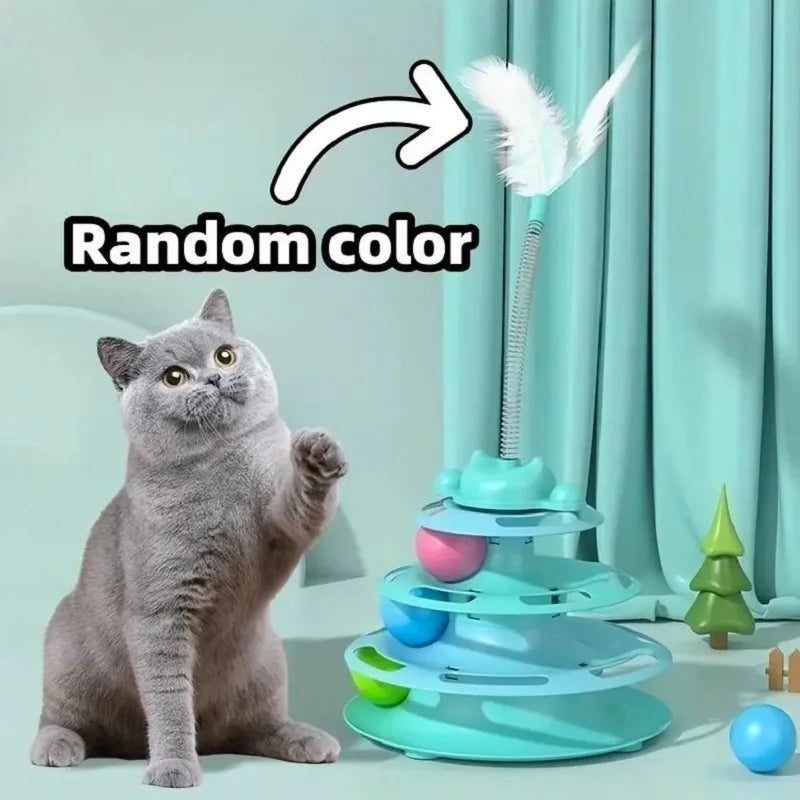 4-Layers Feather Cat Turntable with Fun Toy Ball and Playing Stick Interactive Cat Toy Tower Kitten Turntable Track Roller Balls
