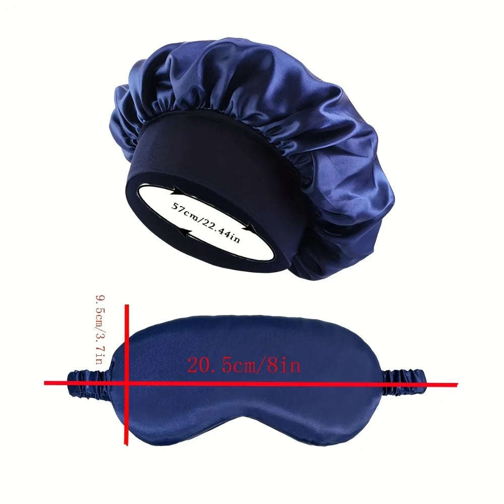 2PCS Satin Bonnet Sleep Cap Eye Mask Set Women Night Care Hair Wrap Sleeping Mask Silk Soft Comfortable Travel Rest Gift