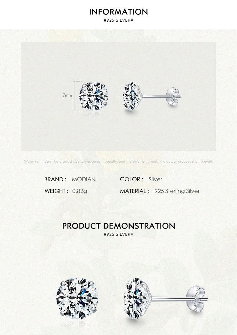 Modian Sparkling Clear CZ Stud Earrings 925 Sterling Silver Round Zirconia 4MM 5MM 6MM 7MM Earrings For Women Wedding Jewelry