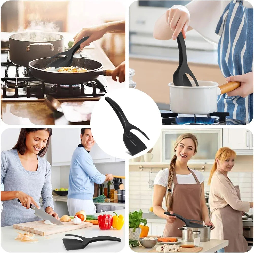 New 2 in 1 Grip Flip Spatula Tongs Egg Flipper Spatula Nylon Non Stick Coating Pancake Fish French Toast Omelet Making Tool