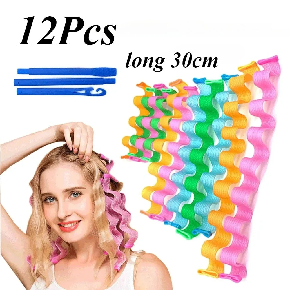 12Pcs Heatless Hair Curlers Spiral Hairs Curlers 30CM  Magic No Heat Hairs Curls for Long Styling Hooks DIY Hair Rollers Set