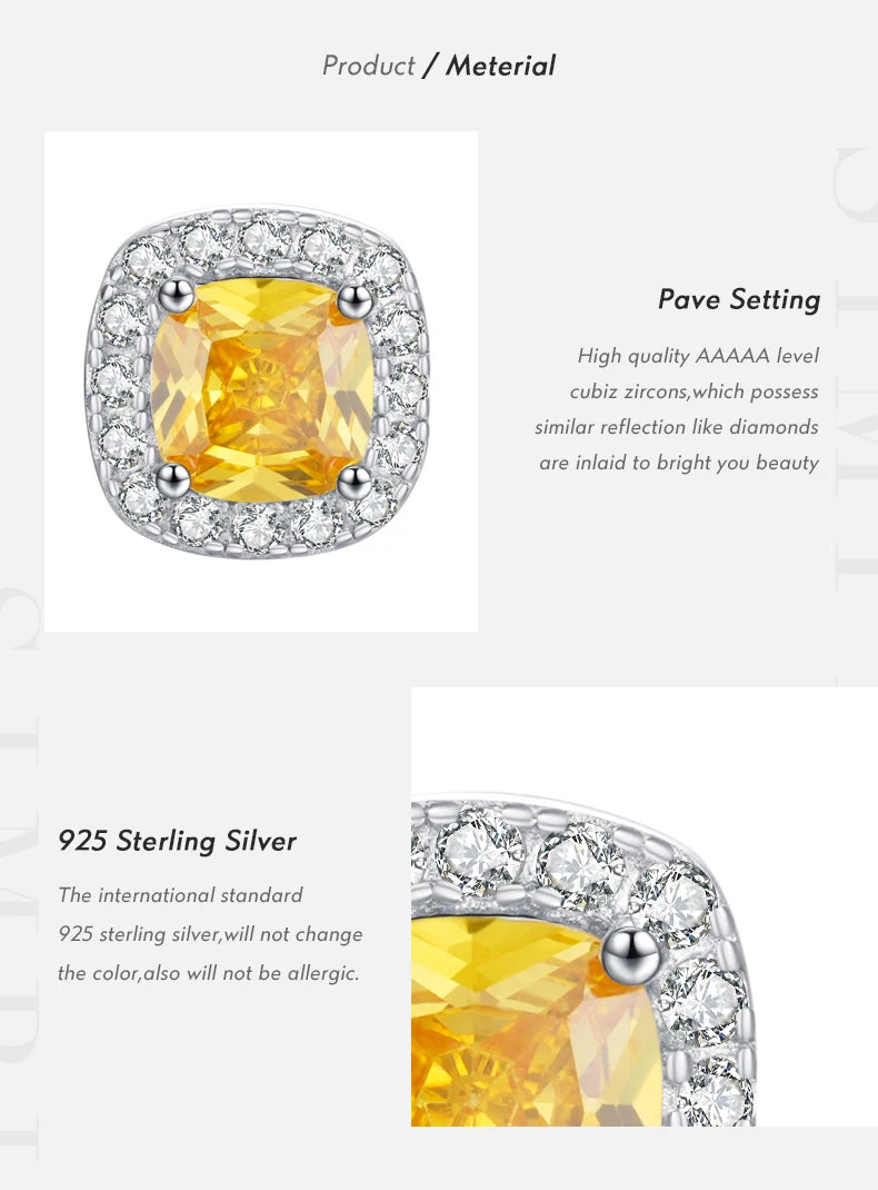 MODIAN Yellow Sparkling Cubic Zirconia Platinum Plated Stud Earrings 925 Sterling Silver Earrings For Women Wedding Jewelry