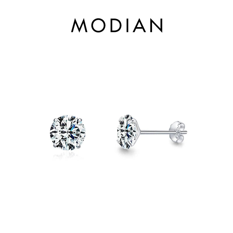 Modian Sparkling Clear CZ Stud Earrings 925 Sterling Silver Round Zirconia 4MM 5MM 6MM 7MM Earrings For Women Wedding Jewelry