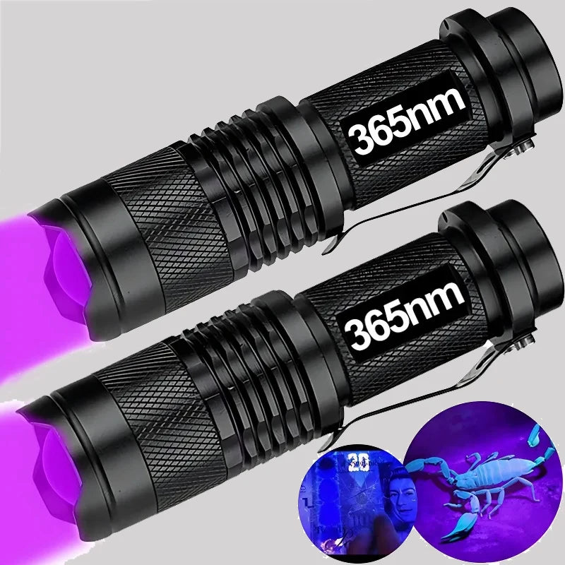Mini LED UV Flashlight Zoomable 365nm 395nm Ultraviolet Lamp Portable Pocket Torch Money Scorpion Pet Urine Stain Detector Tools