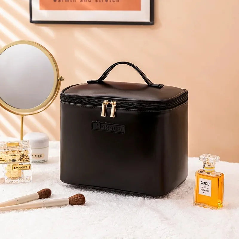 Large Capacity Waterproof Multifunctional Travel Cosmetic Bag Portable Makeup Storage Box PU Material Round Cylinder Shape