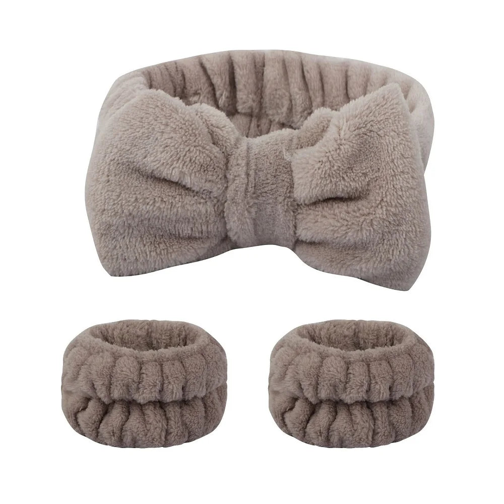 Flannel front bow elastic headband face wash and makeup headband waterproof wrist cover hair tie headband