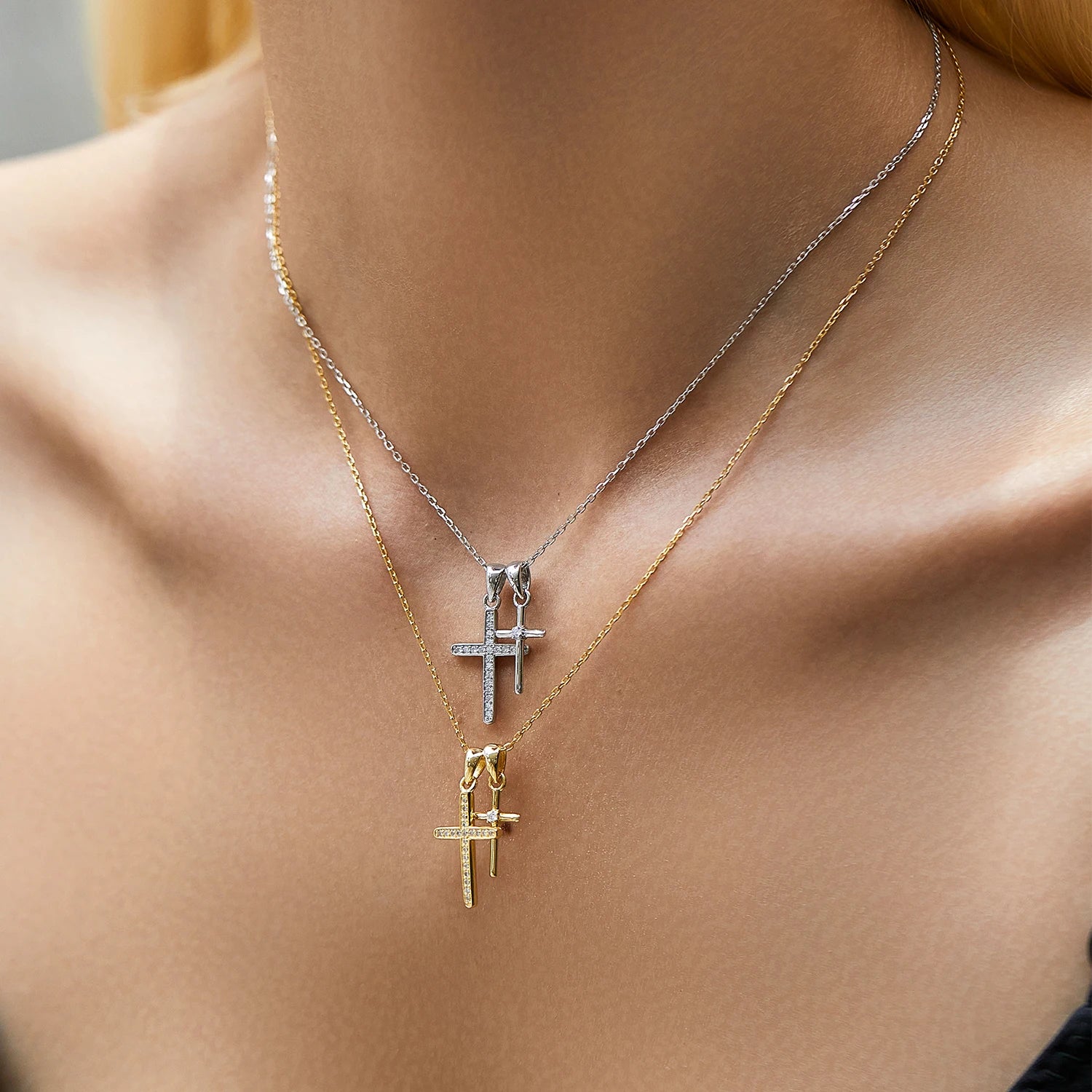 MODIAN 925 Sterling Silver Classic Delicate Double Cross Zircon Link Chain Pendant Necklace For Women Fine Jewelry Gifts