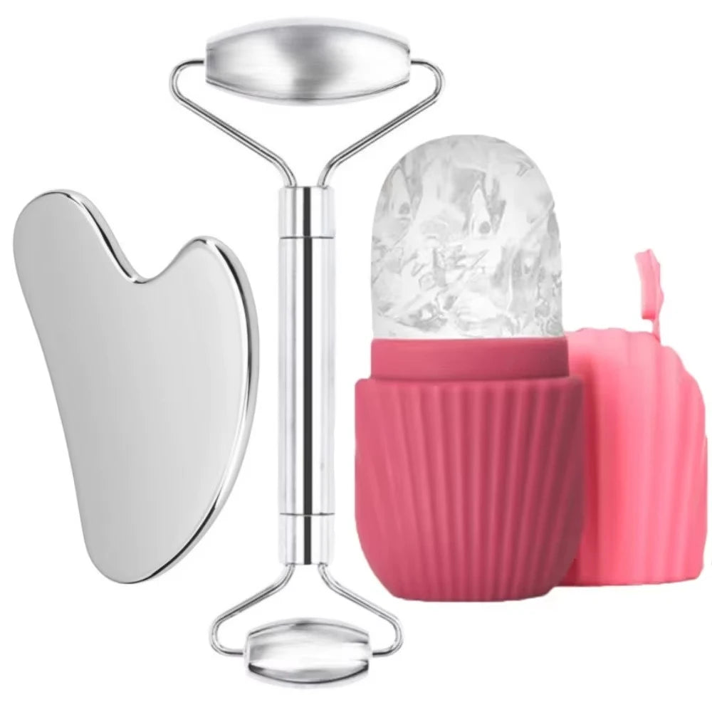 Ice Face Roller & Stainless Steel Gua Sha Tool Set, Facial Massager Ice Roller Skin Care Tool Beauty Set Beauty Skin Care Tools
