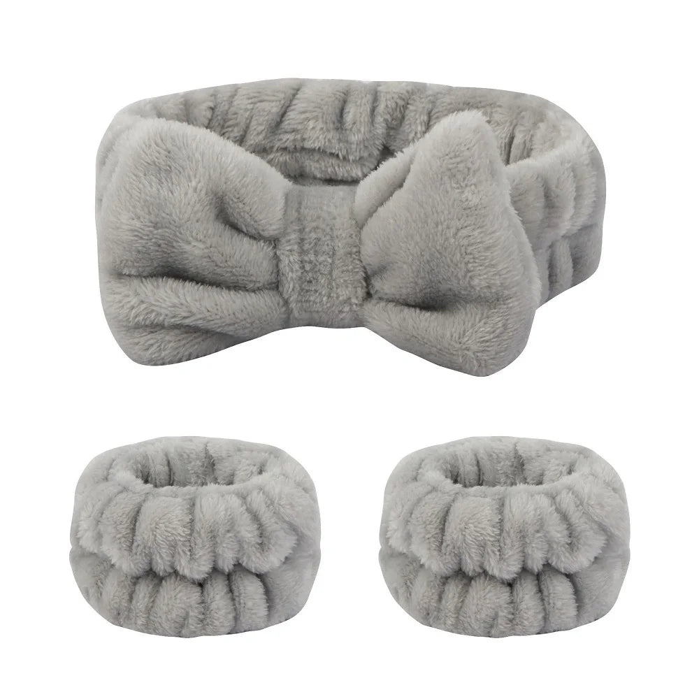 Flannel front bow elastic headband face wash and makeup headband waterproof wrist cover hair tie headband