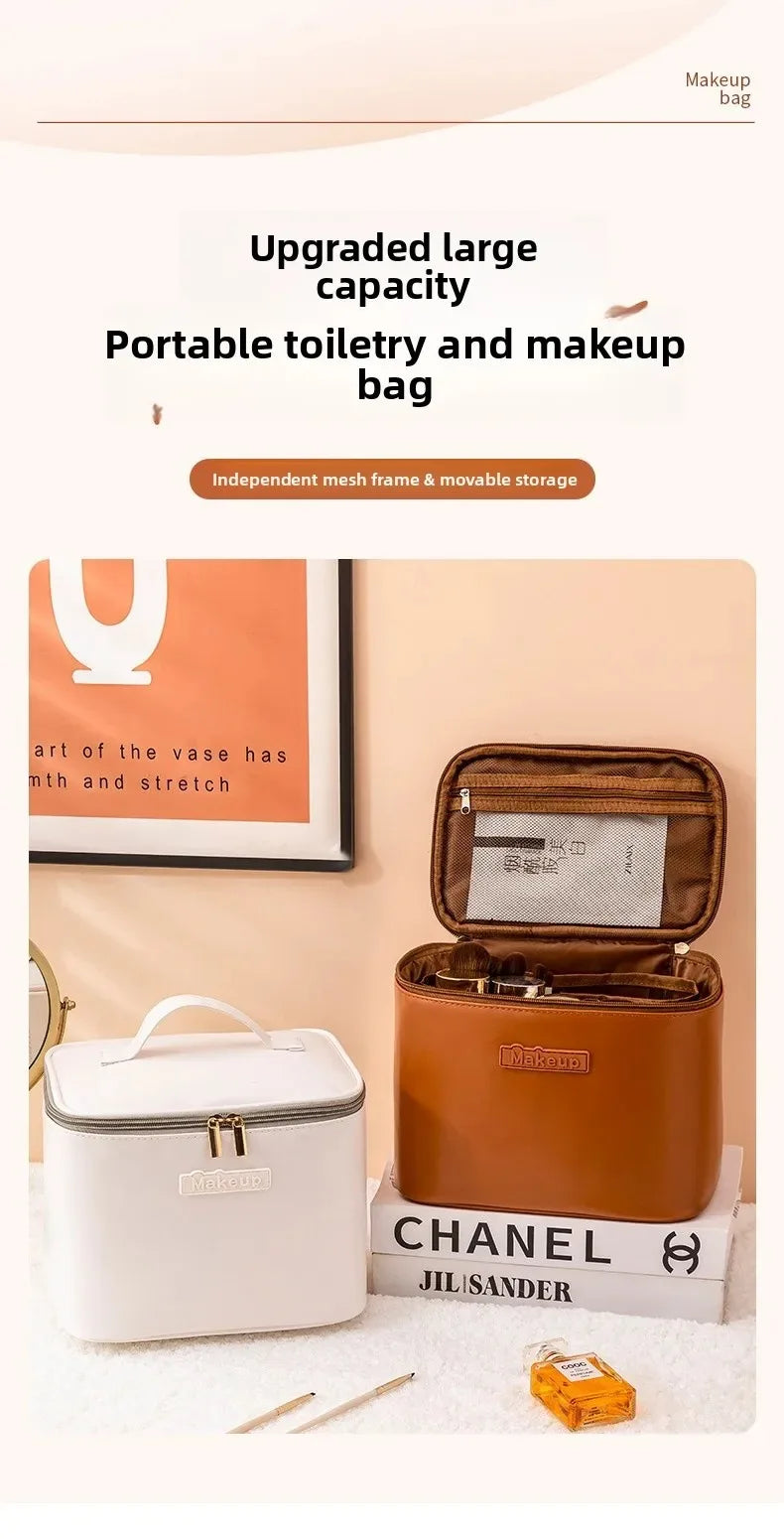 Large Capacity Waterproof Multifunctional Travel Cosmetic Bag Portable Makeup Storage Box PU Material Round Cylinder Shape