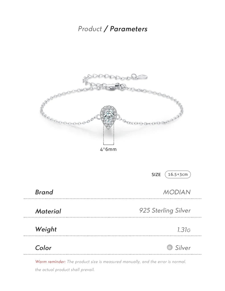 MODIAN 925 Sterling Silver Water Drop Clear CZ Bracelet Pear Cut Link Chain Platinum Plated Bracelet For Women Wedding Jewelry
