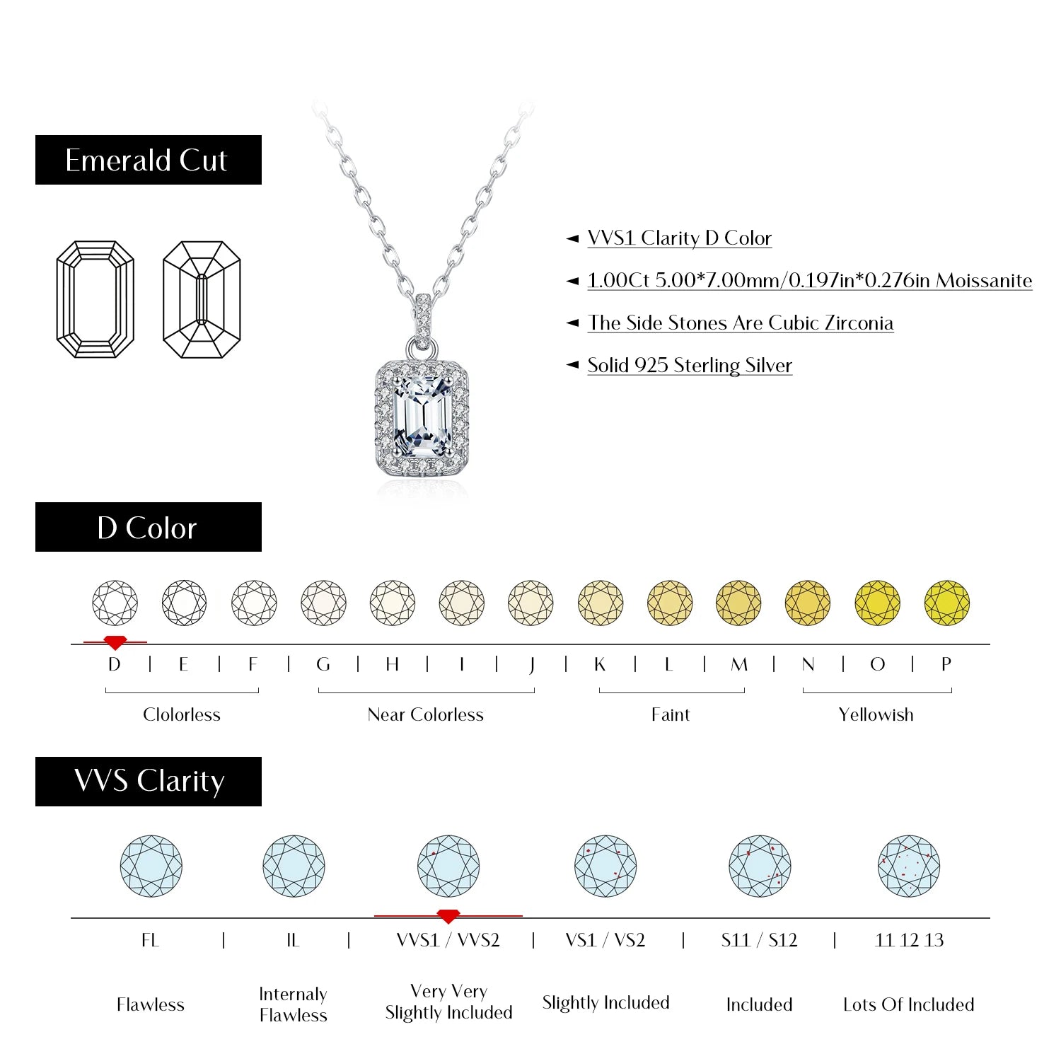 MODIAN 1CT D Color Emerald Cut Moissanite Halo Necklace 925 Sterling Silver Rectangle Wedding Pendant Necklace For Women Jewelry