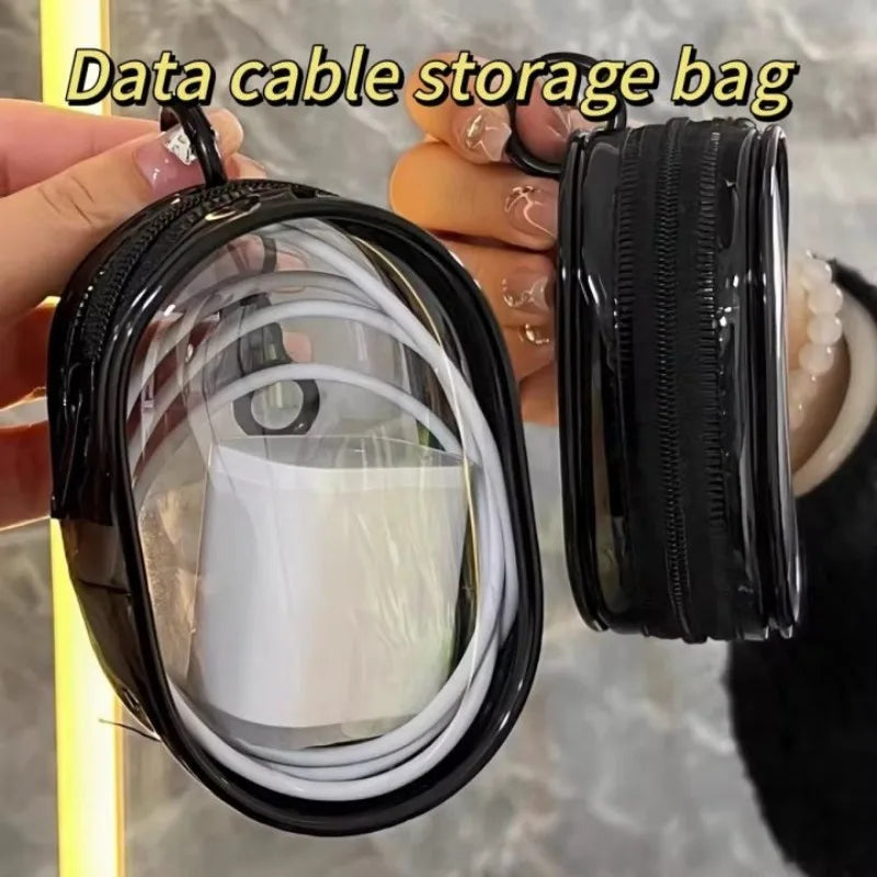Portable Mini Transparent Storage Bag with Zipper Multifunctional Headphone and Charger Case Travel Accessories with Keychain