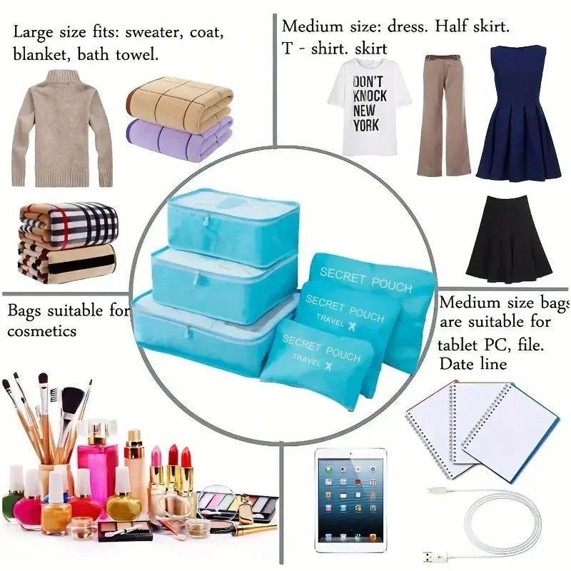 Travel Storage 6 Pcs/Set Pink/Blue/Grey Bag Large Capacity Waterproof Luggage Clothing Underwear Storage Bag Bag With Zipper