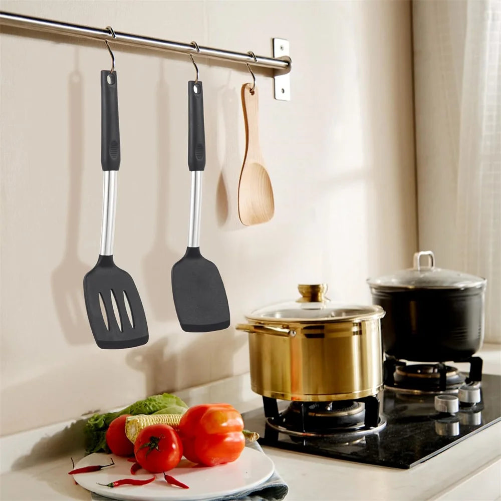 2 Pieces Silicone Spatula Kitchen Cooking Utensils Stainless Steel Tight Spatula Leaky Spatula Non-stick Cookware Kitchen Tools