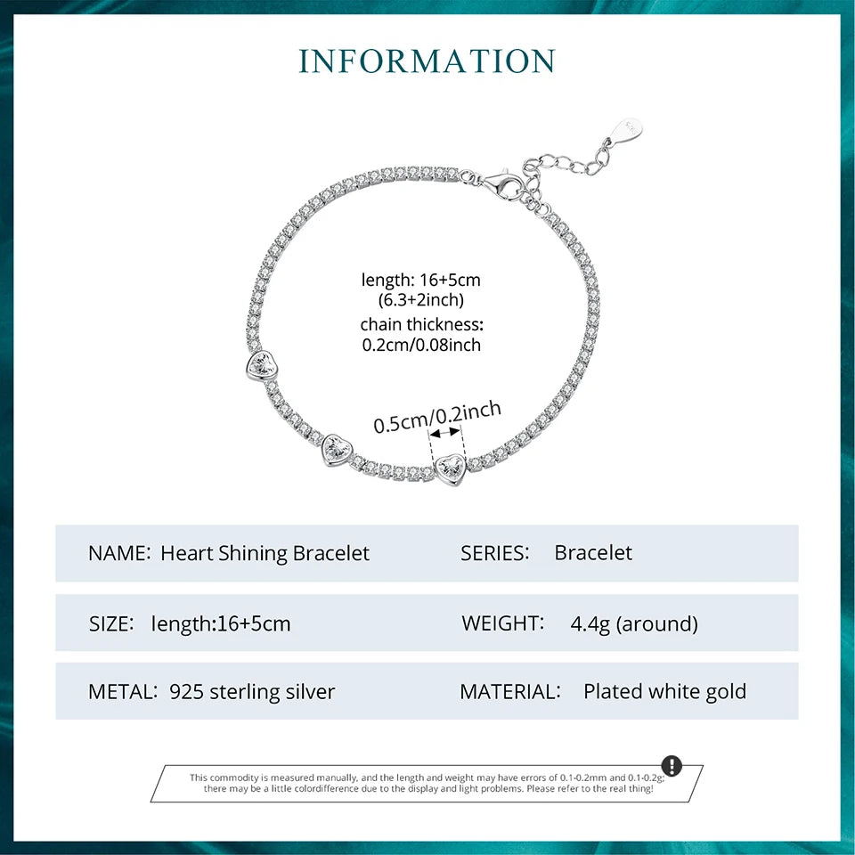 BAMOER 925 Sterling Silver Elegant Heart Bracelets for Women, Adjustable Chain Tennis Bracelet Jewelry Gifts