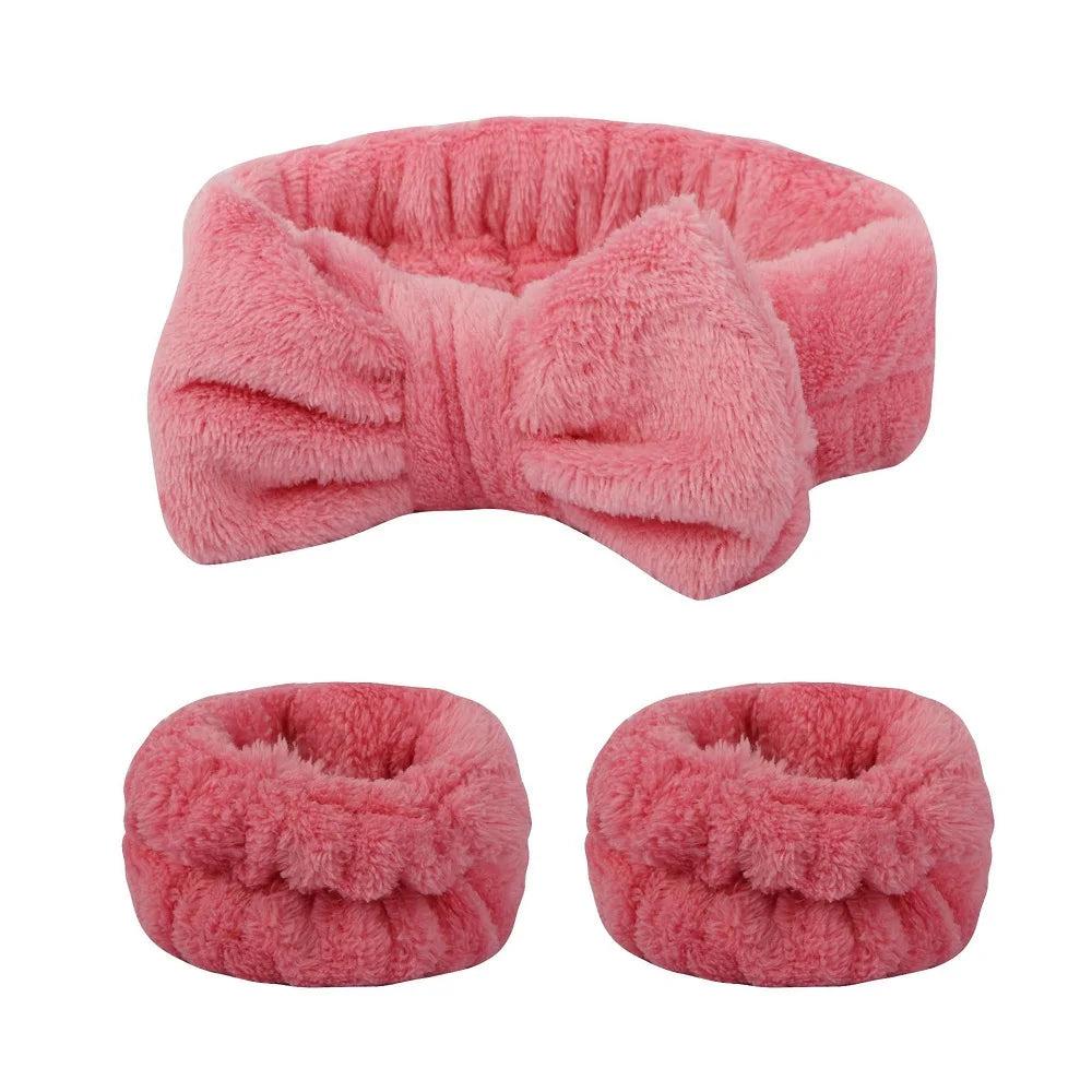 Flannel front bow elastic headband face wash and makeup headband waterproof wrist cover hair tie headband