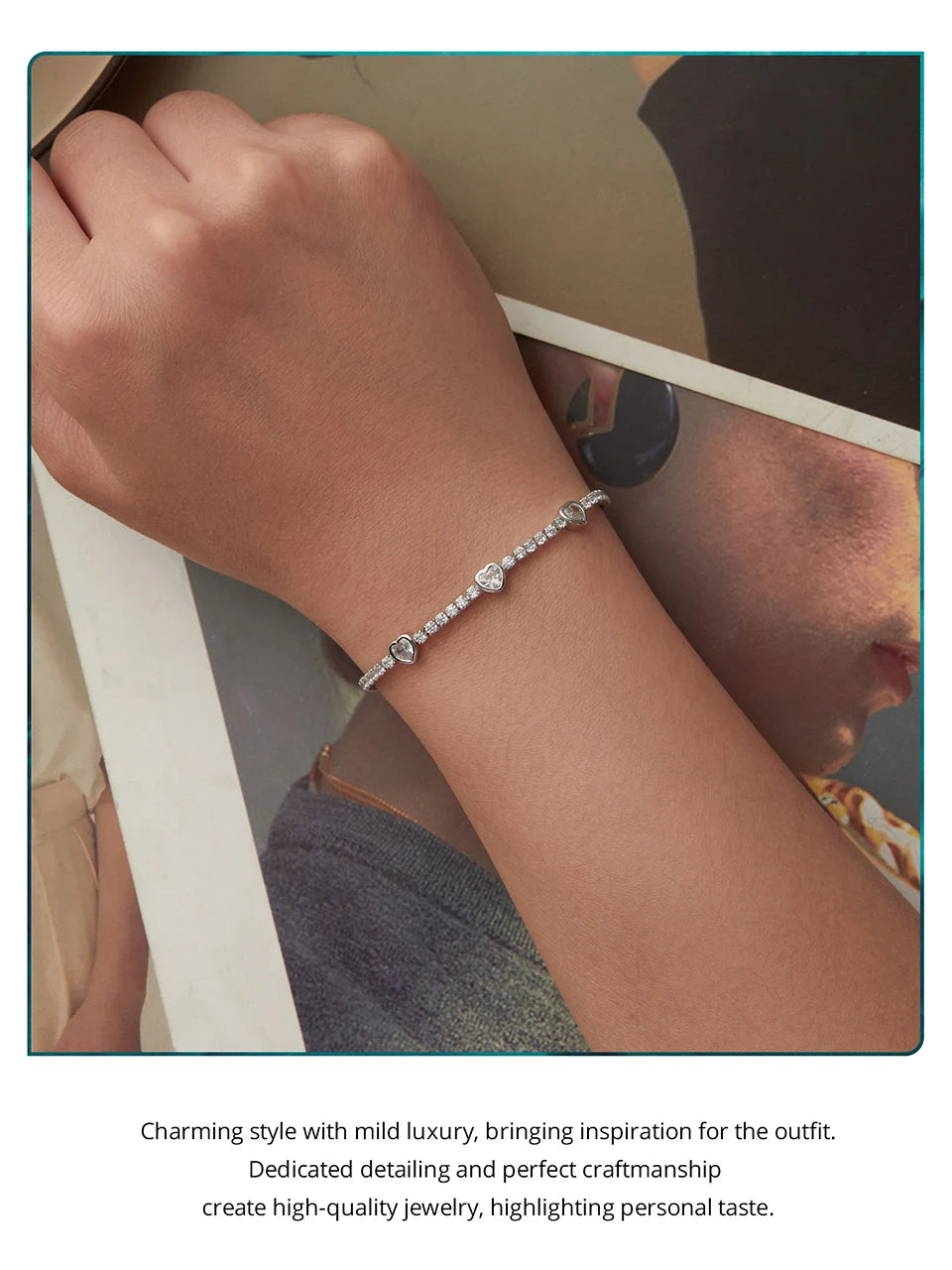 BAMOER 925 Sterling Silver Elegant Heart Bracelets for Women, Adjustable Chain Tennis Bracelet Jewelry Gifts