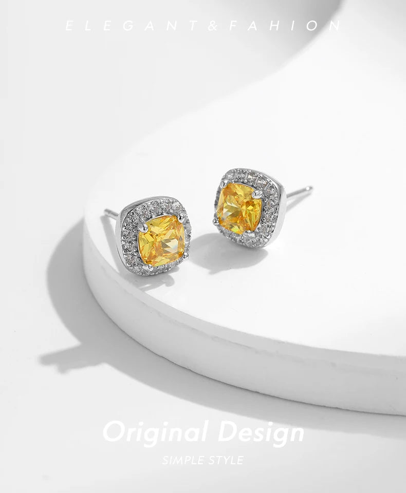 MODIAN Yellow Sparkling Cubic Zirconia Platinum Plated Stud Earrings 925 Sterling Silver Earrings For Women Wedding Jewelry