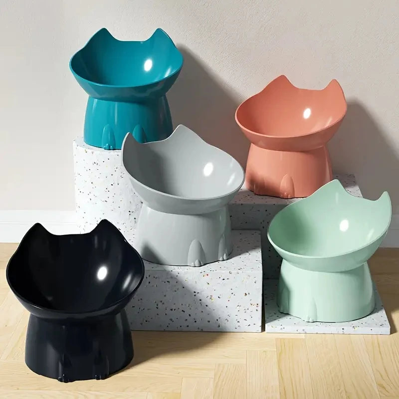 1pc Cat Neck Protection Food Ware Elevated Cat Bowl Anti-Tip Plastic Raised Pet Feeding Dish with Tilted Edge