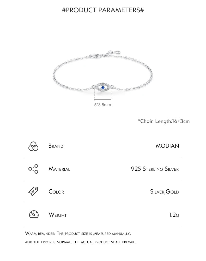 MODIAN 925 Sterling Silver Delicate Lucky Blue Eye Adjustable Bracelet Simple Chain Link For Women Pave Setting CZ Fine Jewelry