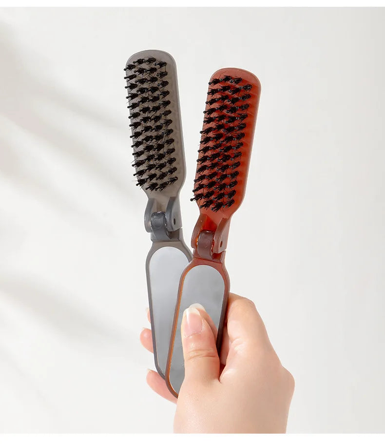 1Pc Boar Bristle Massage Hair Comb Anti Static with Makeup Mirror Folding Comb High Skull Integrated Styling Combs Supplies