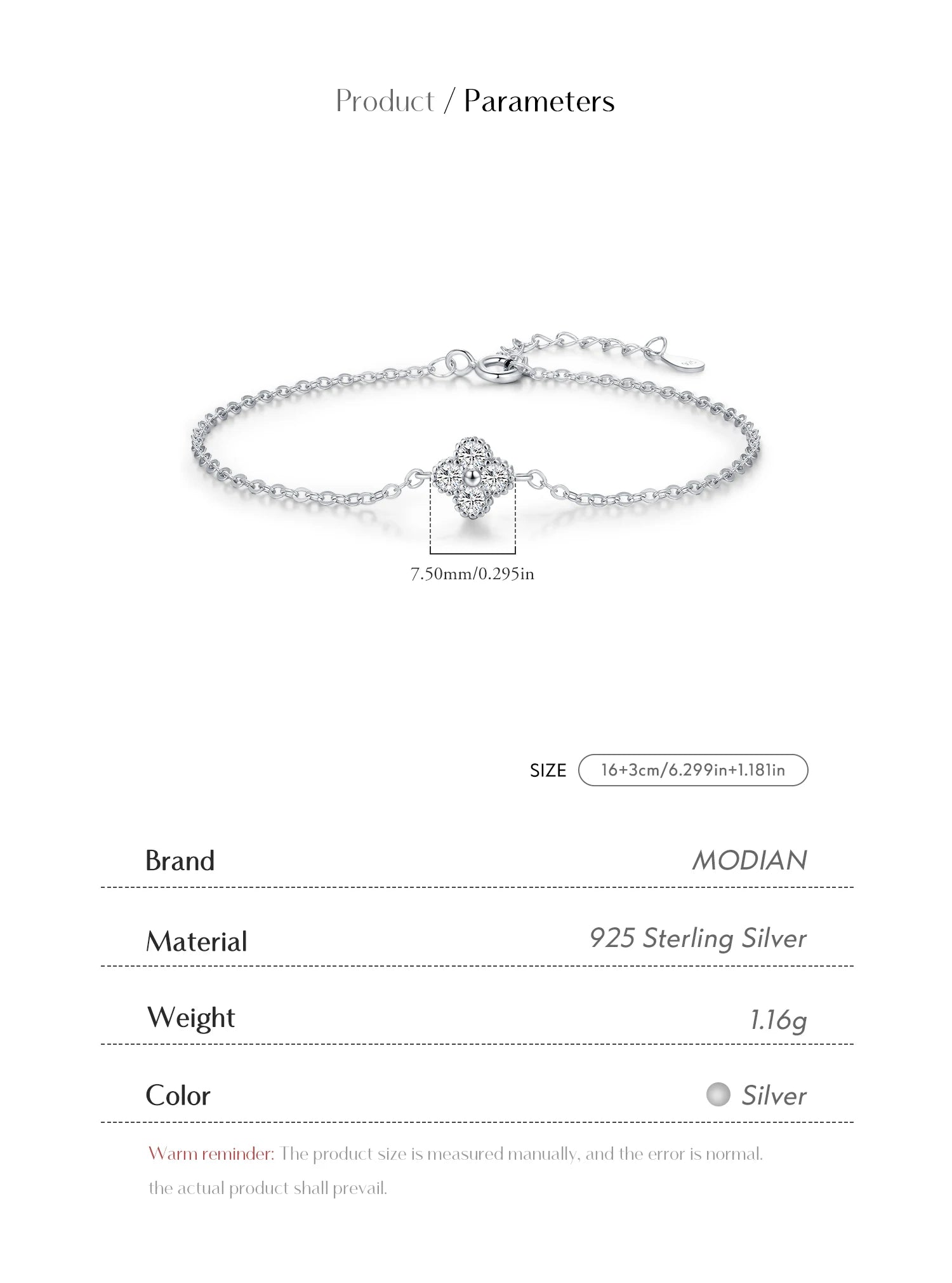 MODIAN 925 Sterling Silver Exquisite Lucky Four Leaf Clover CZ Link Chain Stackable Sweet Bracelet For Women Daily Fine Jewelry