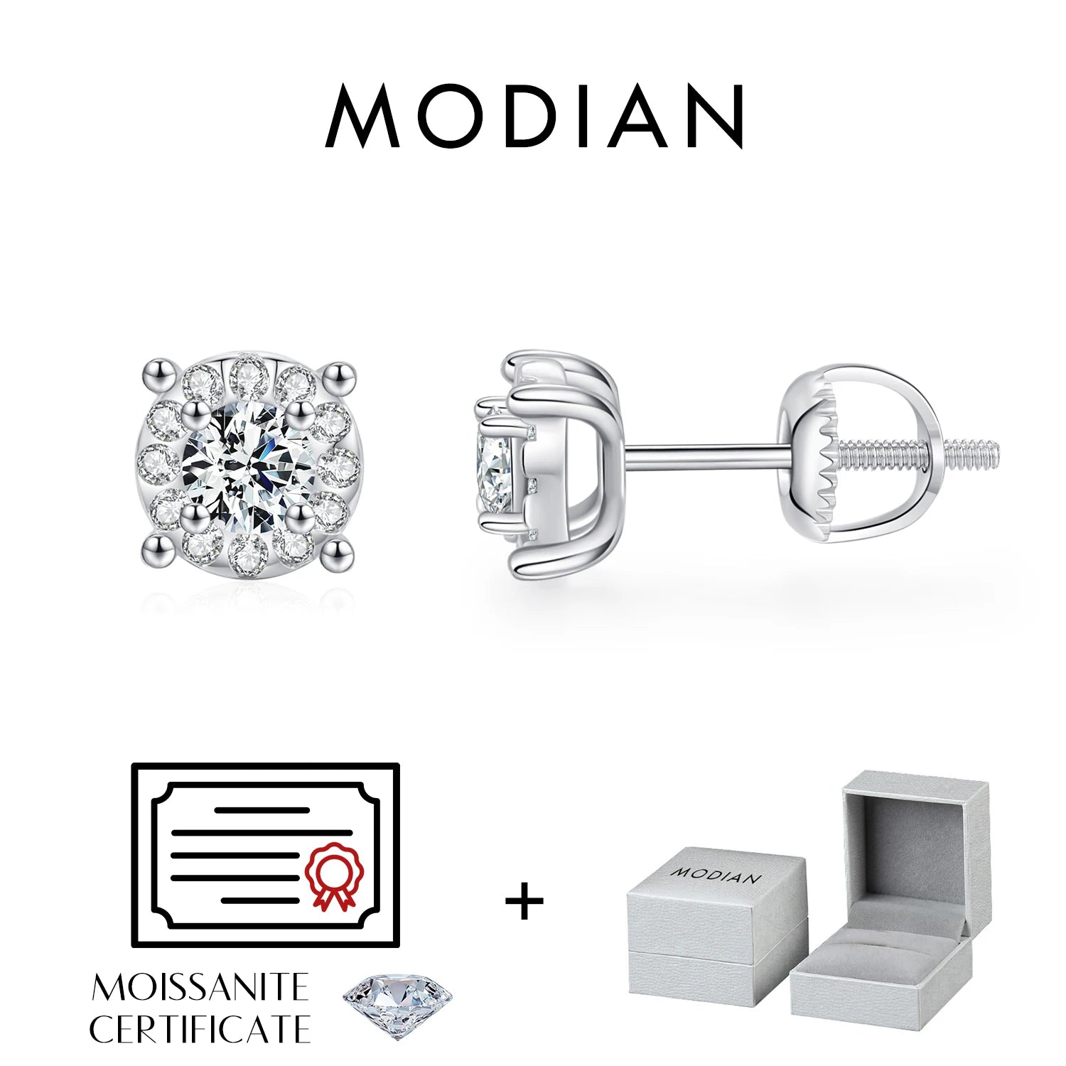 MODIAN D Color Moissanite Stud Earrings Round Cut Lab Created Diamond 925 Sterling Silver Silver Bridal Jewelry For Women Gifts