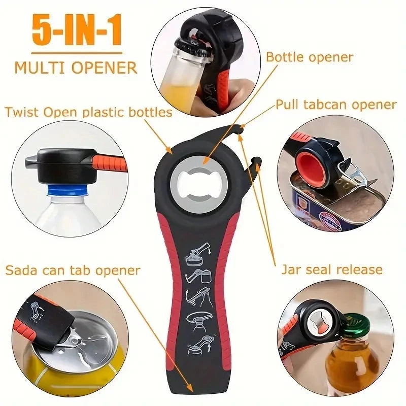 Multifunctional 5-in-1 Beer Bottle Can Opener Kitchen Anti-Slip Beer Cap Rotary Bottle Opener Kitchen Tool