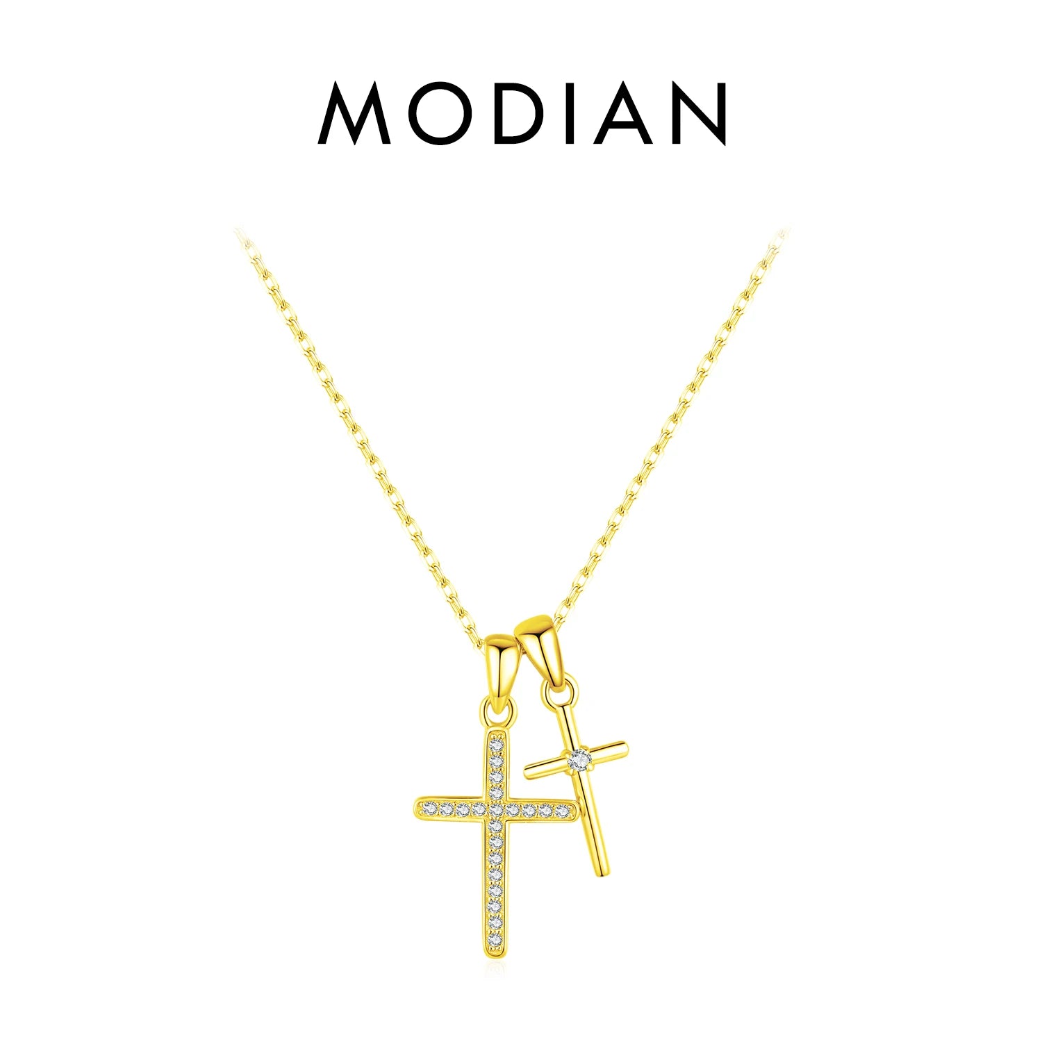 MODIAN 925 Sterling Silver Classic Delicate Double Cross Zircon Link Chain Pendant Necklace For Women Fine Jewelry Gifts